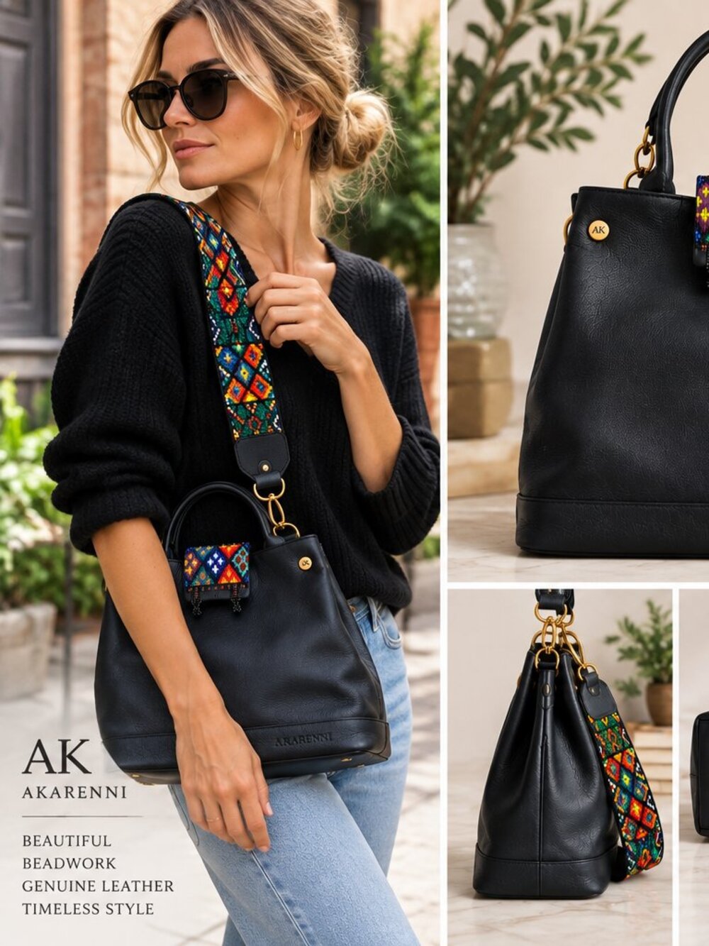 Akarenni 100% Leather BlueTote Handbag Beaded Strap Artisan Mexico